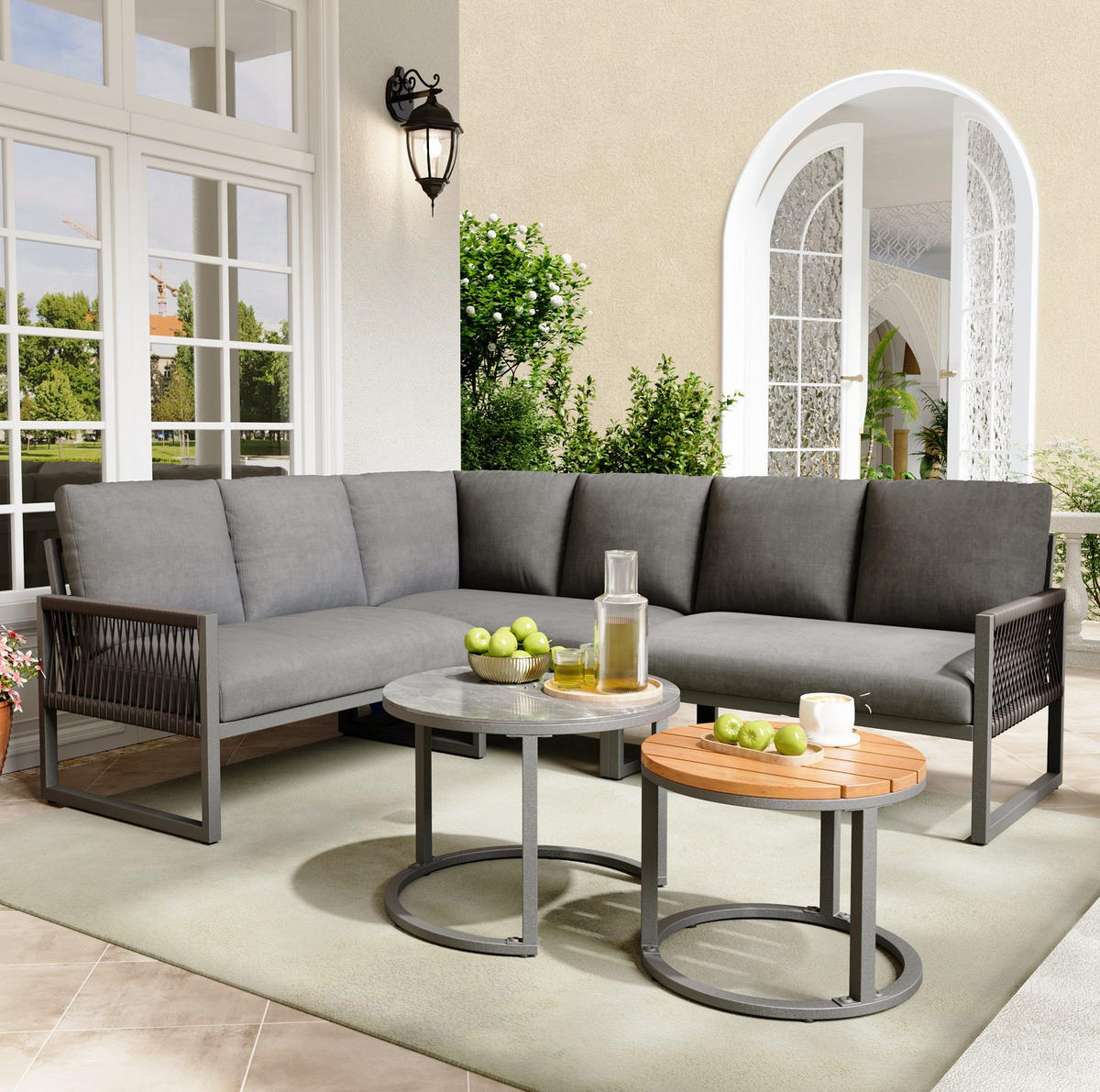 LOUNGE-SET Ecksofa 123 x 68 x 86 cm Metall Grau 4-tlg. - Grau, Metall - Beauniv