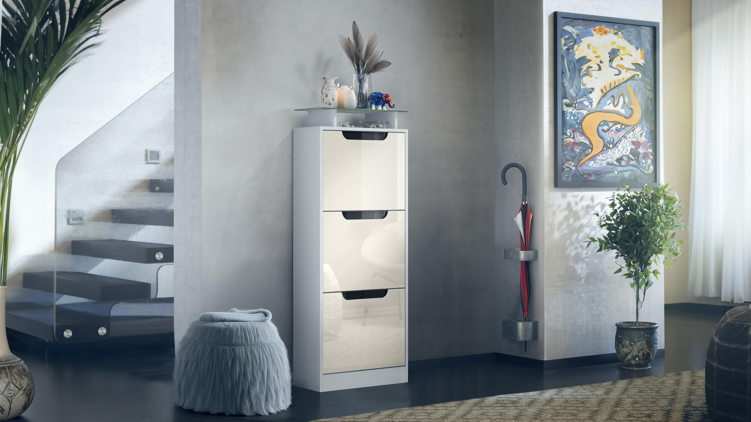 SCHUHSCHRANK Space Creme Hochglanz - Creme, Holzwerkstoff (46/128/23cm) - Vladon