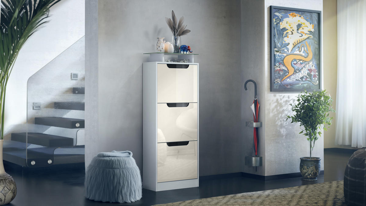 SCHUHSCHRANK Space Creme Hochglanz - Creme, Holzwerkstoff (46/128/23cm) - Vladon