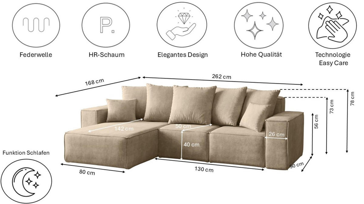 ECKSOFA L-Form Premium Kollektion ELLA Stoff Velours Noel Hellbeige Links - Ecru, Holz/Textil (168/262cm) - Kaiser Möbel