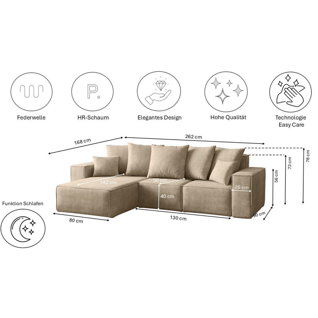 Thumbnail - Kaiser Möbel Ecksofa, Ecru, Textil, einzeln stellbar,L-Form, 262x168 cm, Wohnzimmer, Sofas & Couches, Wohnlandschaften, ...