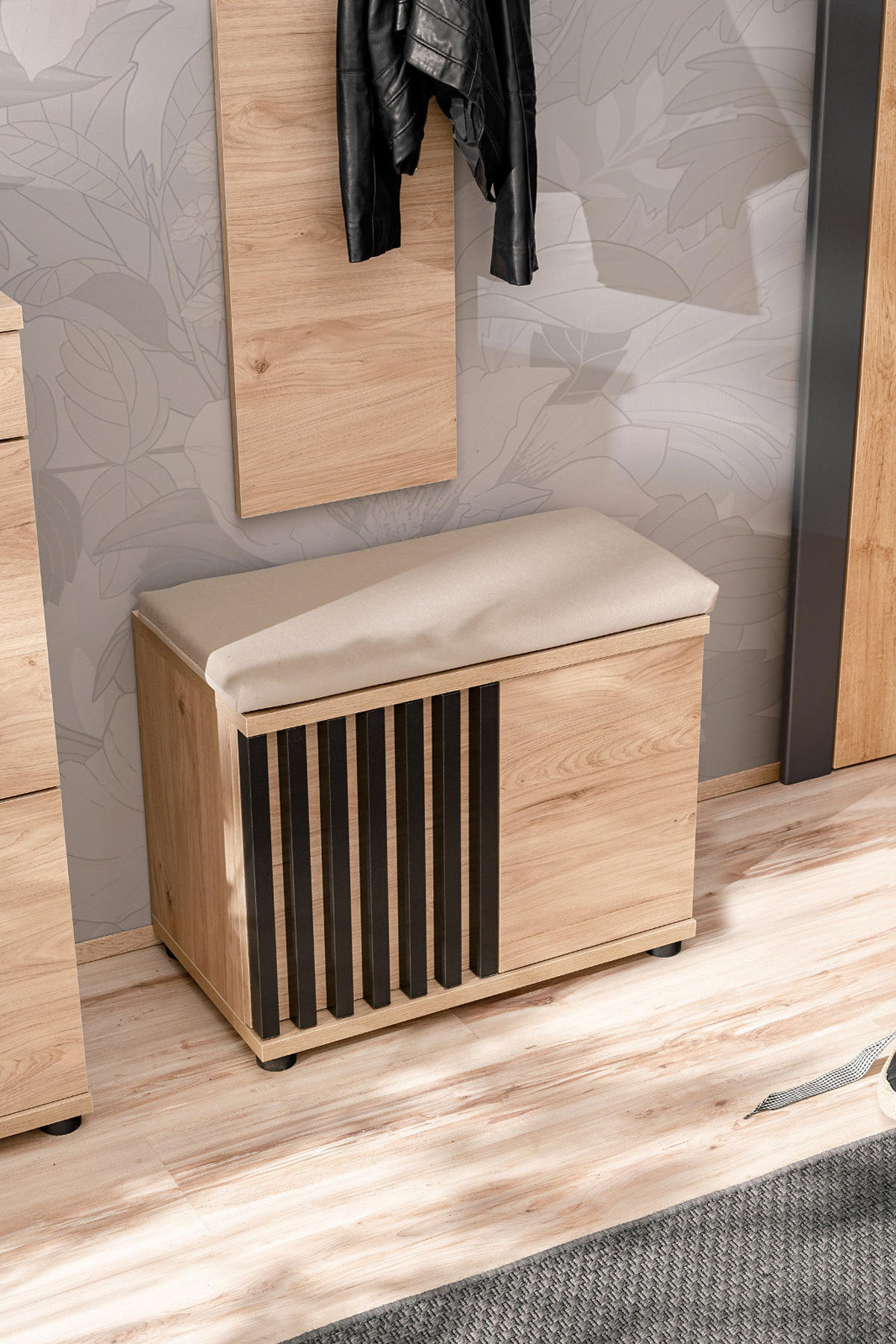 GARDEROBE Set 3-teilig Eiche Jackson, schwarz 140 cm, Garderobenkombination mit 3D-Lamellen - Eichefarben/Schwarz, Holzwerkstoff/Kunststoff (130/202/35cm) - Furn.Design