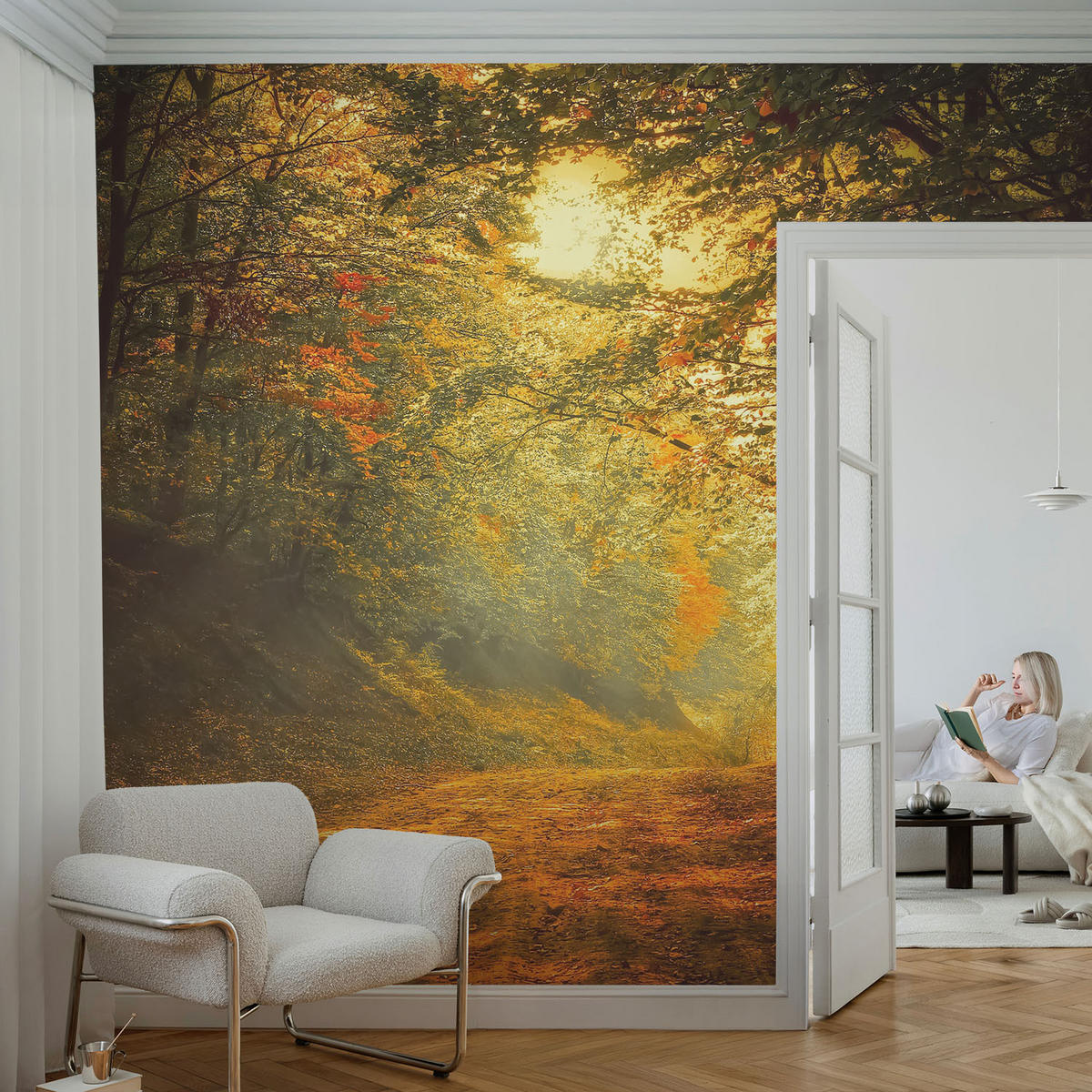 FOTOTAPETE 104x70 cm - Herbstlandschaft - Gelb, Textil (104/70cm) - Wallfluent