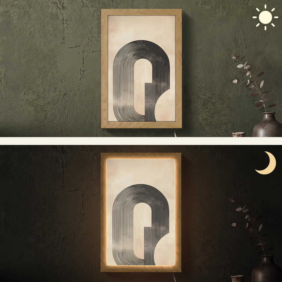 NÁSTĚNNÁ LAMPA Luk - Pruhy - Minimalistický - Černý 20x30 cm - béžová, kompozitní dřevo (20/30/8cm) - OnlyWow