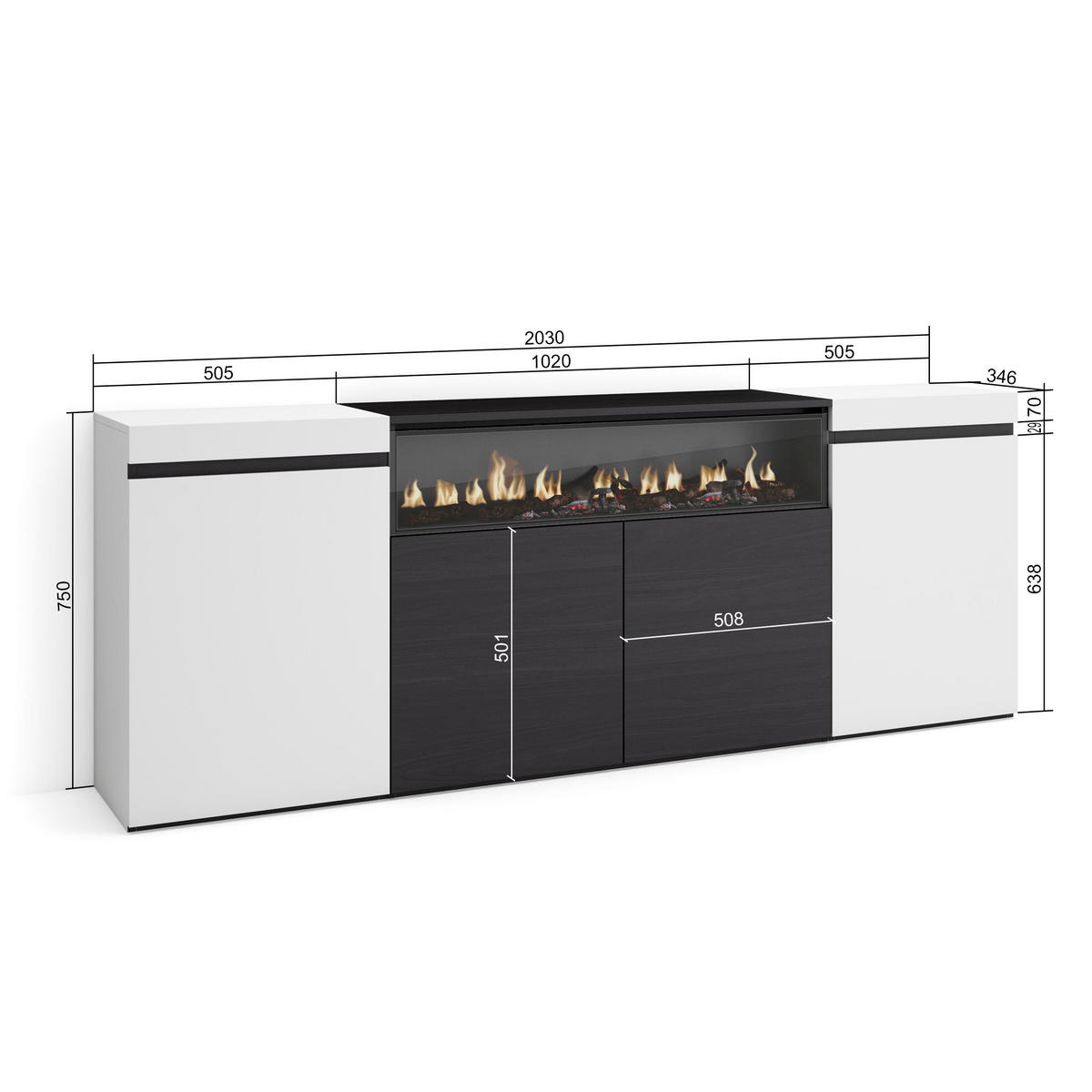 SIDEBOARD Elektrokamin, weiß und schwarz, 200/35/75cm - Multicolor/Schwarz, Holzwerkstoff (200/75/35cm) - Skraut Home