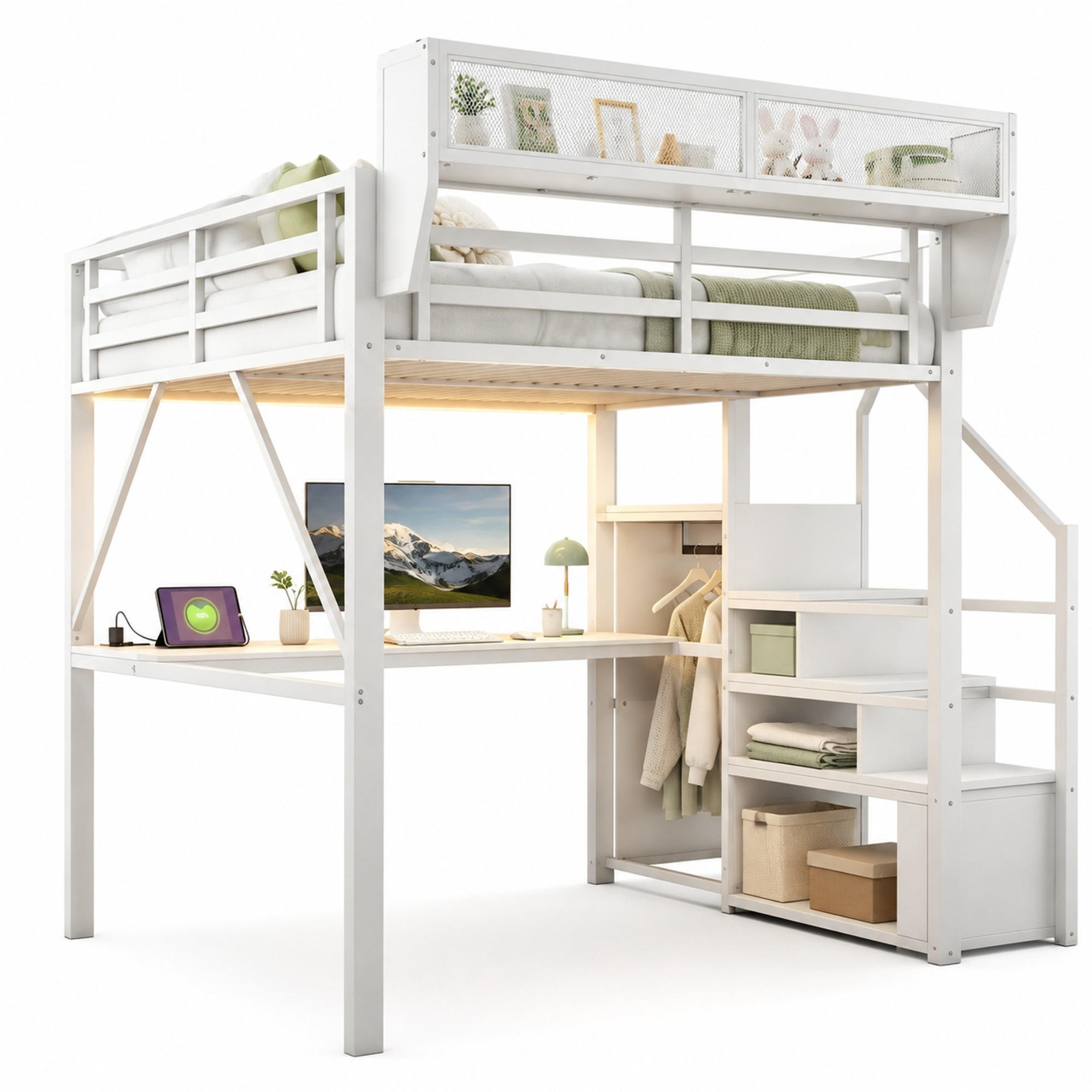 HOCHBETT 140/200 cm in Weiß mit LED, Schreibtisch, Leiter und Stauraum - Weiß, Holzwerkstoff/Metall (140/200cm) - CHICFURN