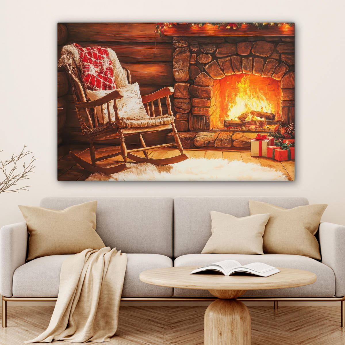 LEINWANDBILD Winter - Weihnachten - Zuhause - Kamin XXL 150x100 cm - Bernsteinfarben, Textil (150/100cm) - MuchoWow