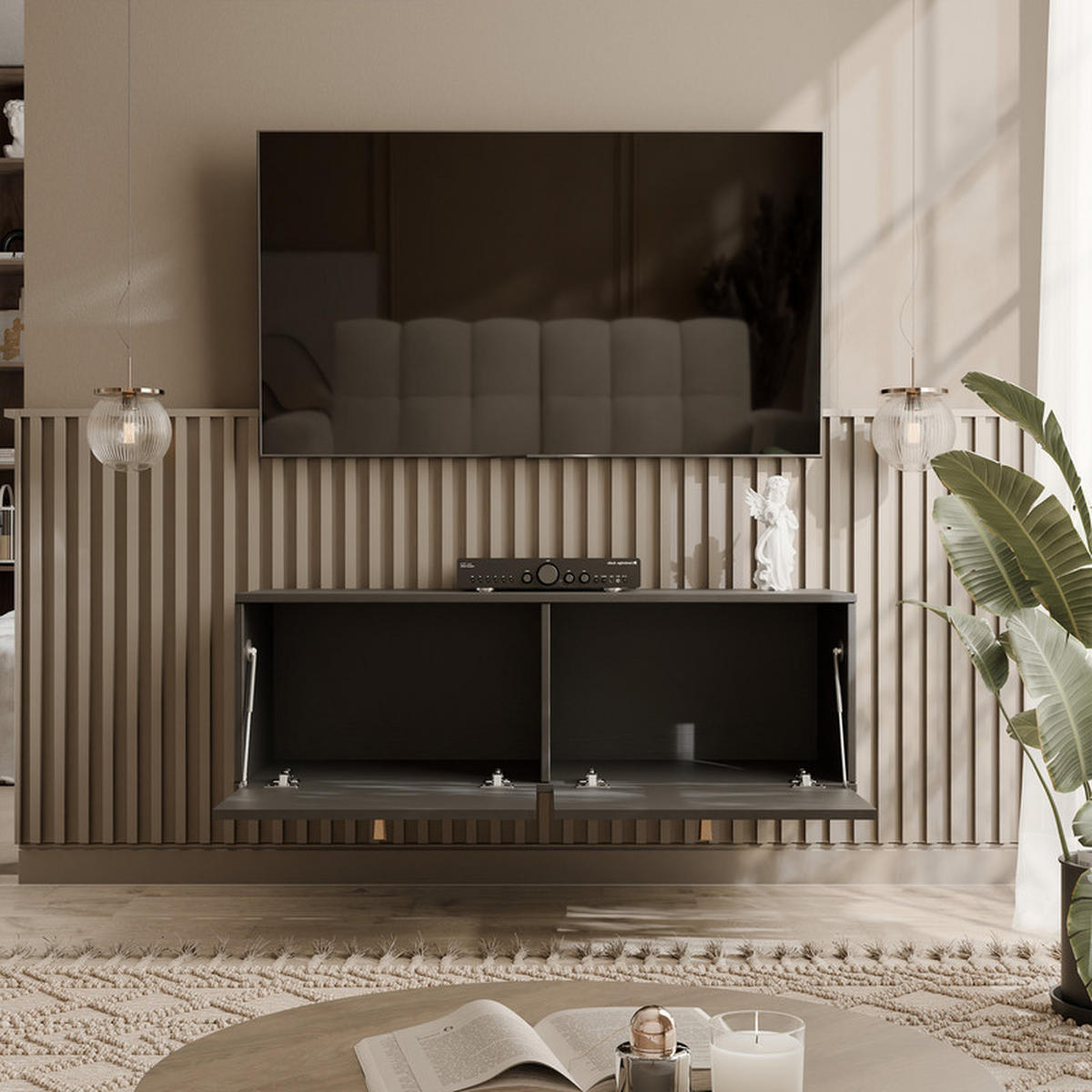 TV-LOWBOARD FLOW 121 cm, hängend, Schwarz - Schwarz, Holzwerkstoff/Metall (121/35/40.5cm) - Idohome