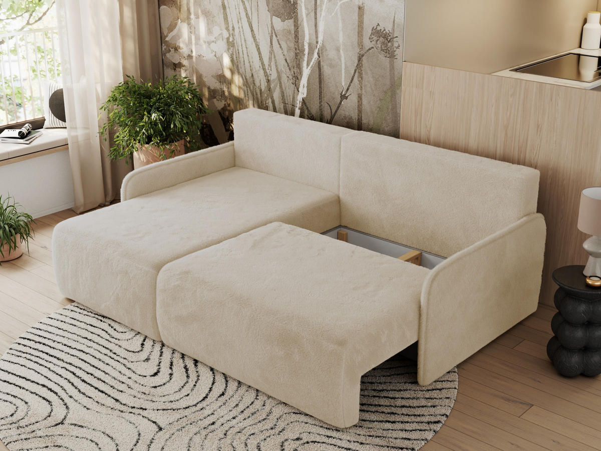 ECKSCHLAFSOFA ARPA L Creme Plüsch - links - Creme/Schwarz, Kunststoff/Textil (198/150cm) - MKS