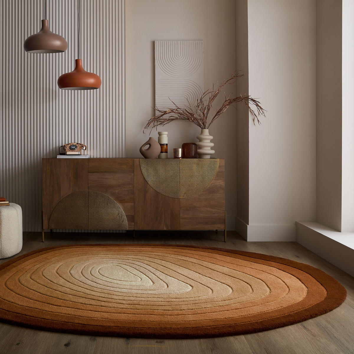 TEPPICH Wolle, Organische Form, Ombre Farbverlauf, Handgefertigt, Hoch-Tief-Flor-Effekt Terrakotta Oval 160x230 - Orange, Textil (160/230cm) - KADIMA DESIGN