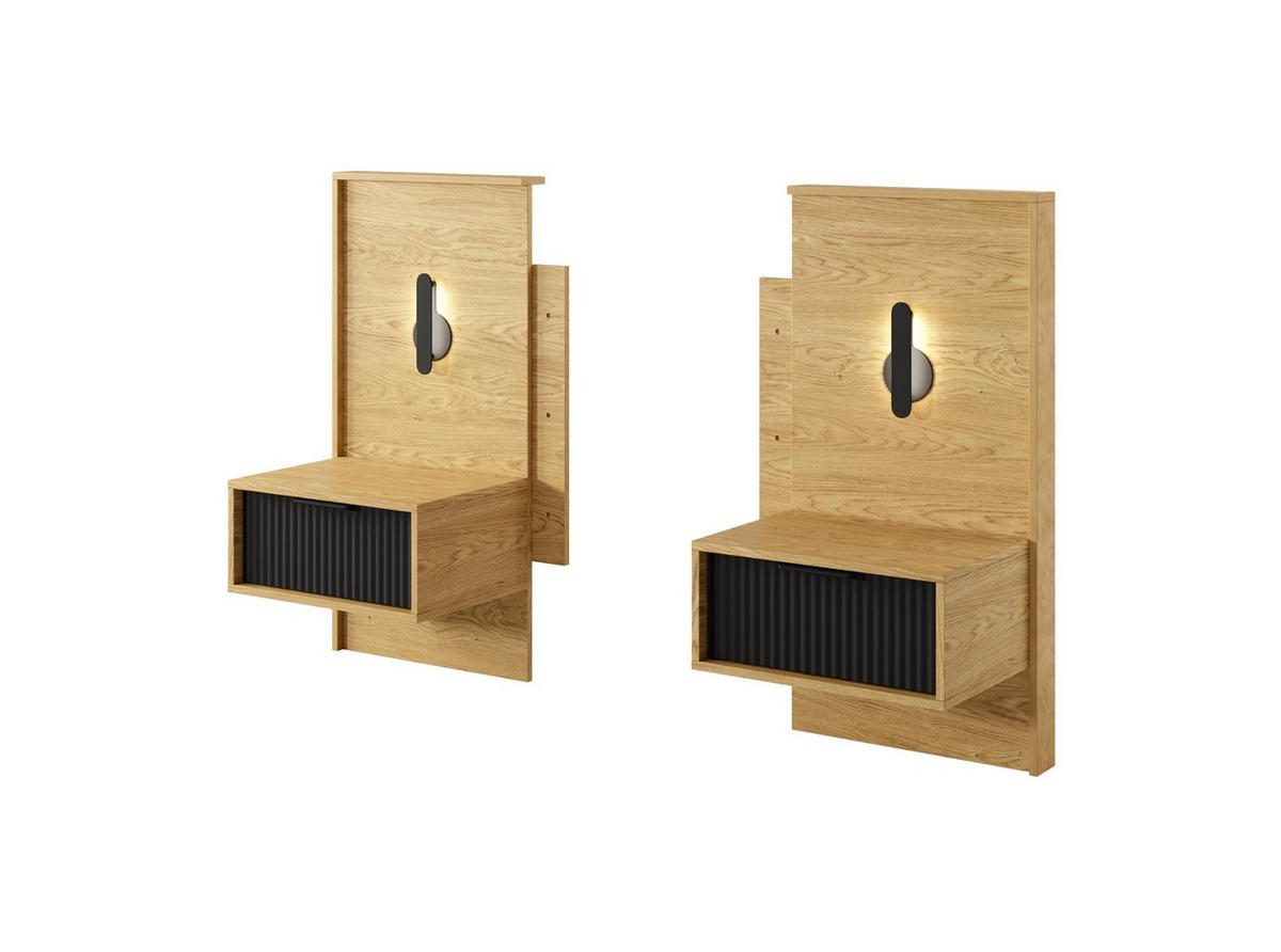 NACHTTISCH Norden, Eiche Baltic, mit LED-Beleuchtung, 2er-Set - Eichefarben/Schwarz, Holzwerkstoff (101/102/40cm) - Bettso