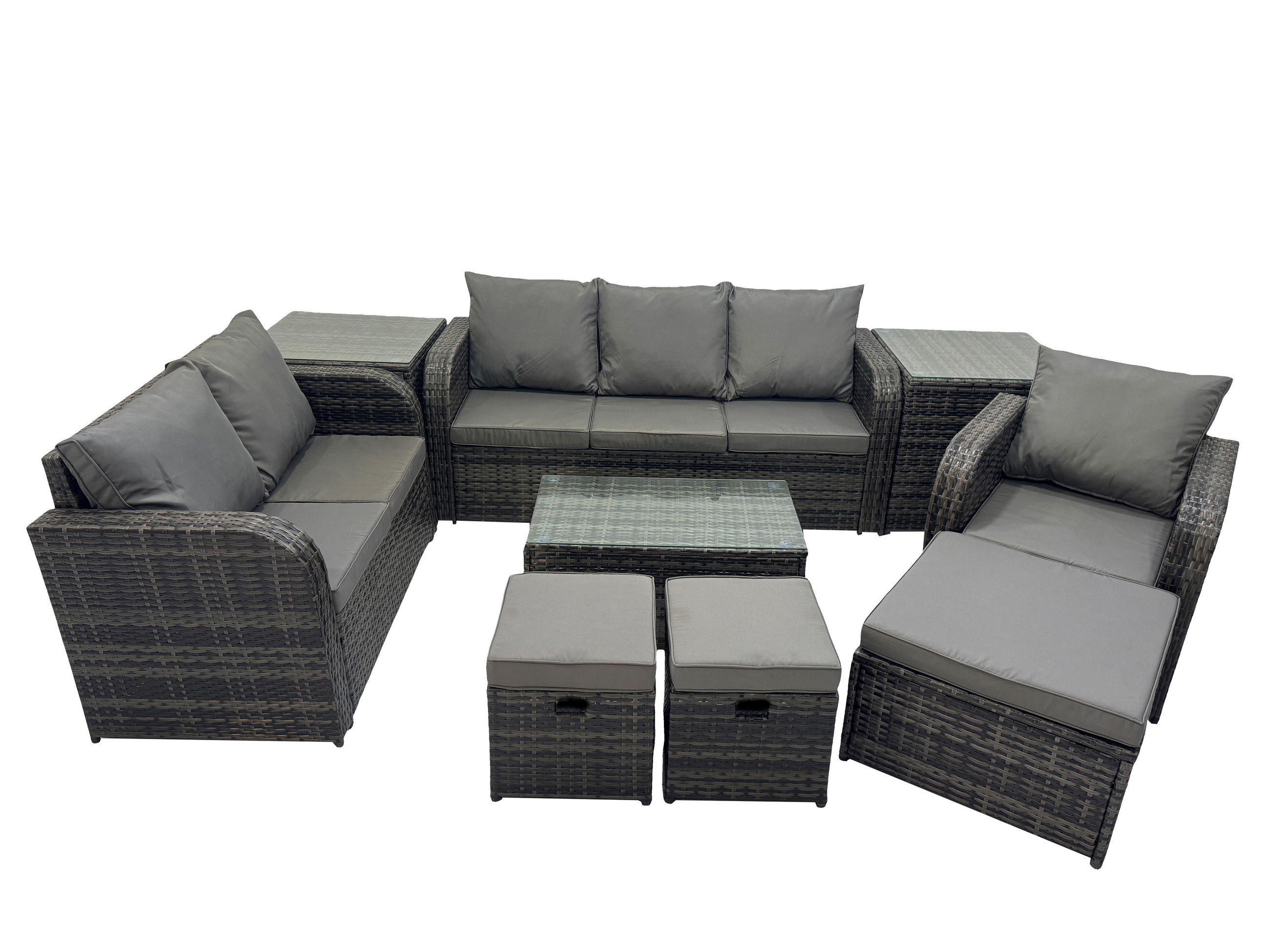 GARTENSET Polyrattan Dunkelgrau 6-Sitzer - Dunkelgrau/Grau, Glas/Kunststoff - Fimous