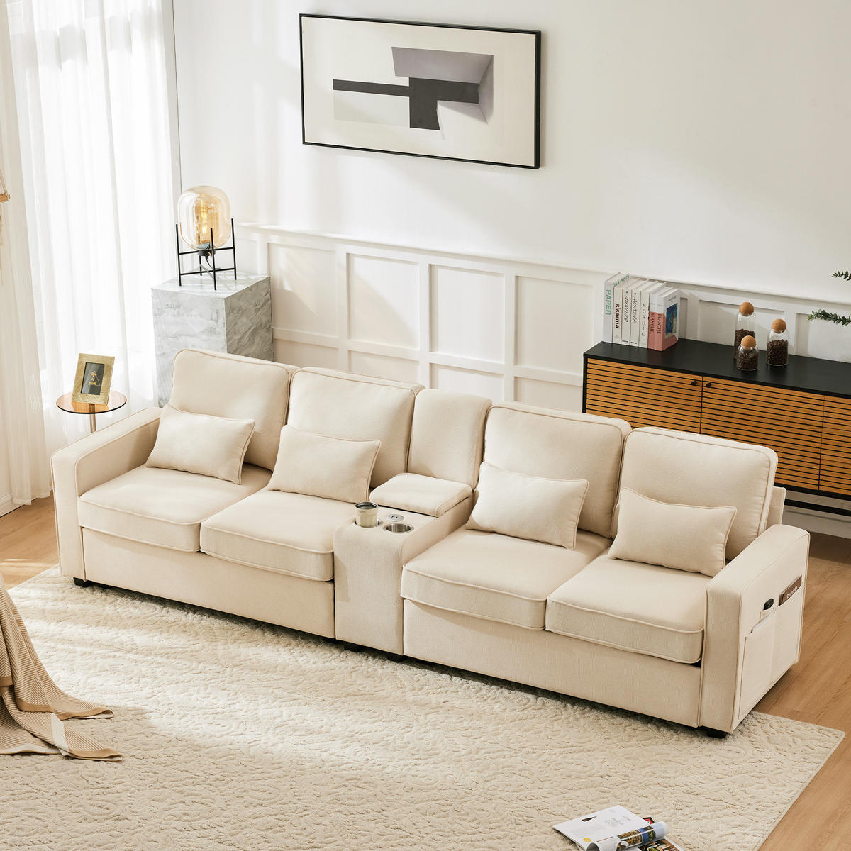 4-SITZER Sofa Leinenstoff mit Konsole USB-Anschluss und 2 Getränkehaltern 290/83/88 cm Beige - Beige, Textil (88/290/83cm) - Redom