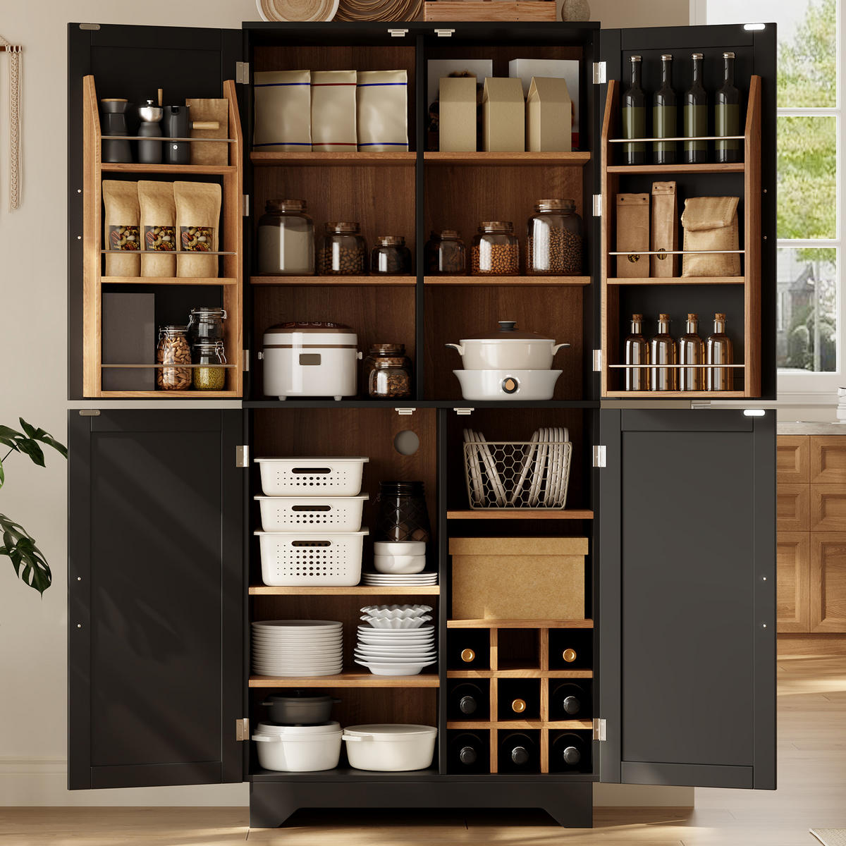 HIGHBOARD DE-38731 80/40/180 cm 4 Scheunentor-Türen und Weinregal Schwarz - Schwarz, Holzwerkstoff (80/180/40cm) - ComfortXL