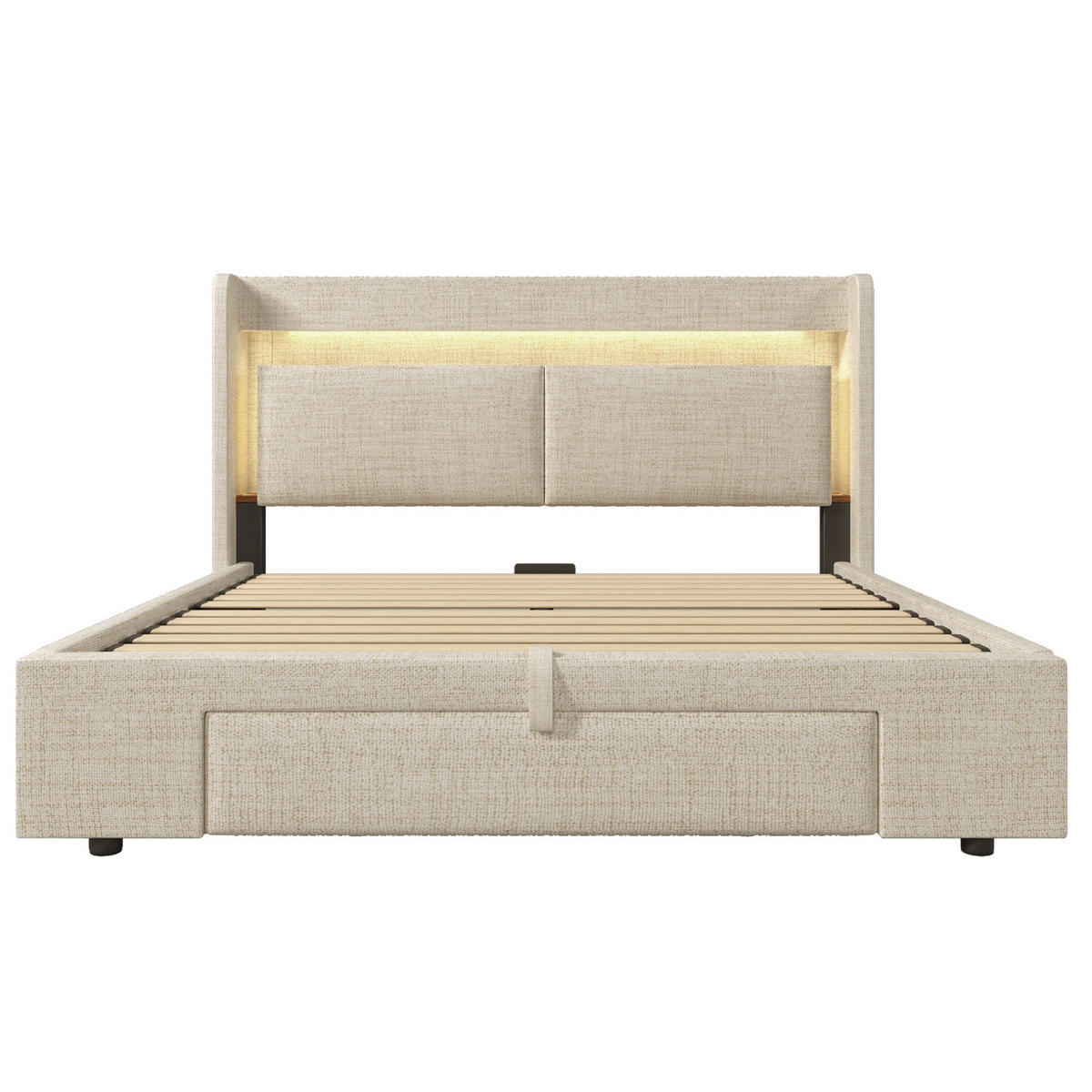 POLSTERBETT aus Leinen 160x200 cm Beige mit Bettkasten, Schublade, LED-Beleuchtung und USB-/USB-C-Anschlüssen - Beige, Textil (160/200cm) - IVMEU