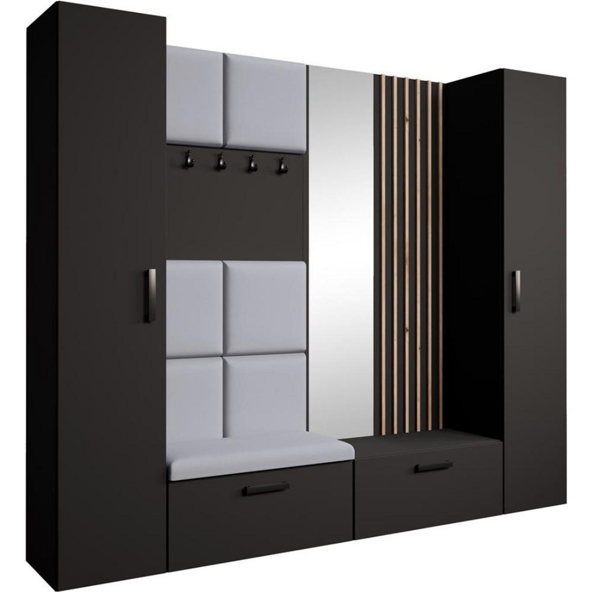 GARDEROBE Margaret XL 242/203/43 mit gepolsterten Paneelen/Lamellen/Spiegel - Schwarz/Grau, Holzwerkstoff/Kunststoff (242/203/43cm) - Beautysofa
