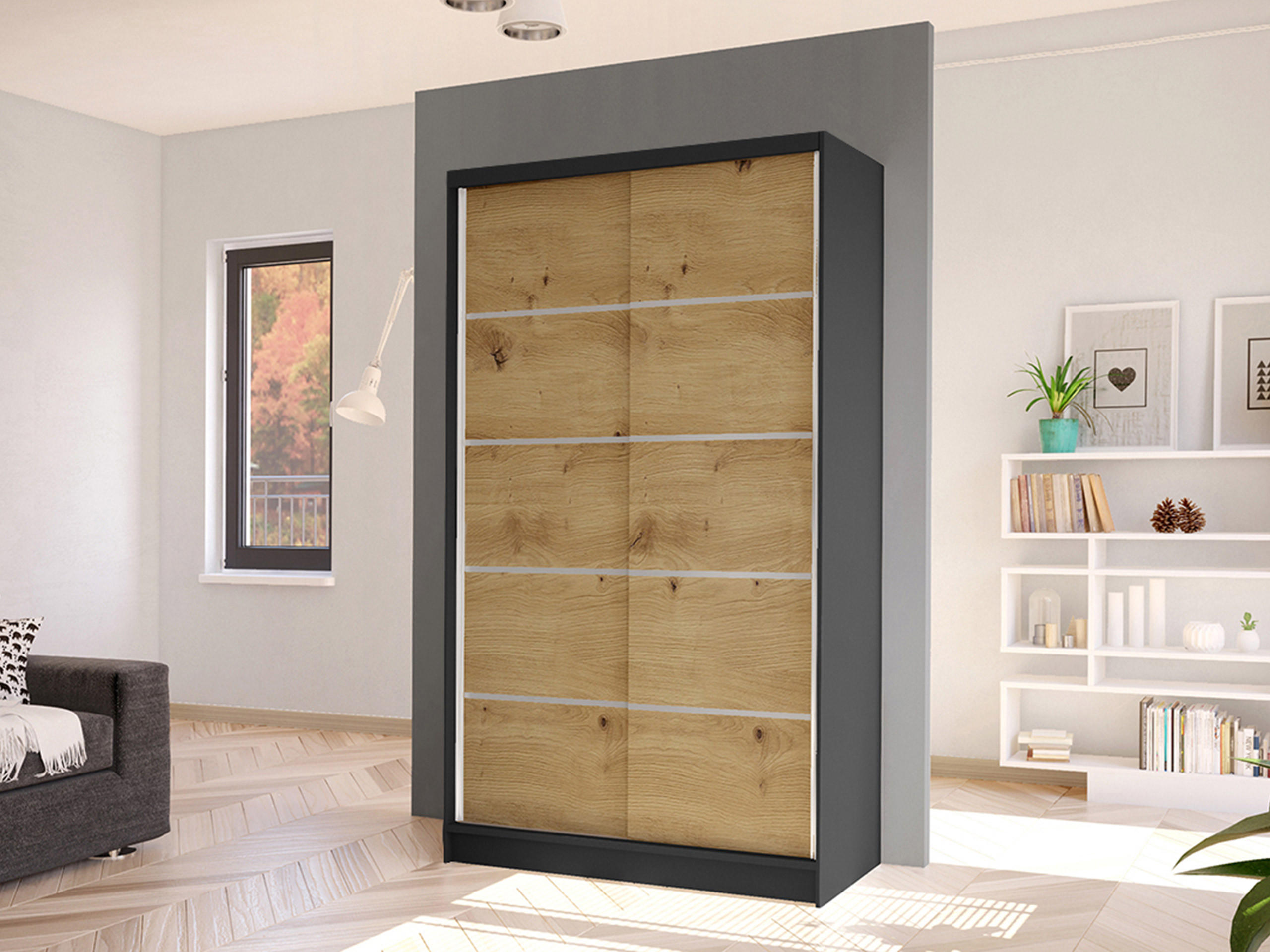 SCHWEBETÜRENSCHRANK Diego IV - Schwarz/Eiche Artisan, Holzwerkstoff/Metall (100/200/58cm) - MIRJAN24