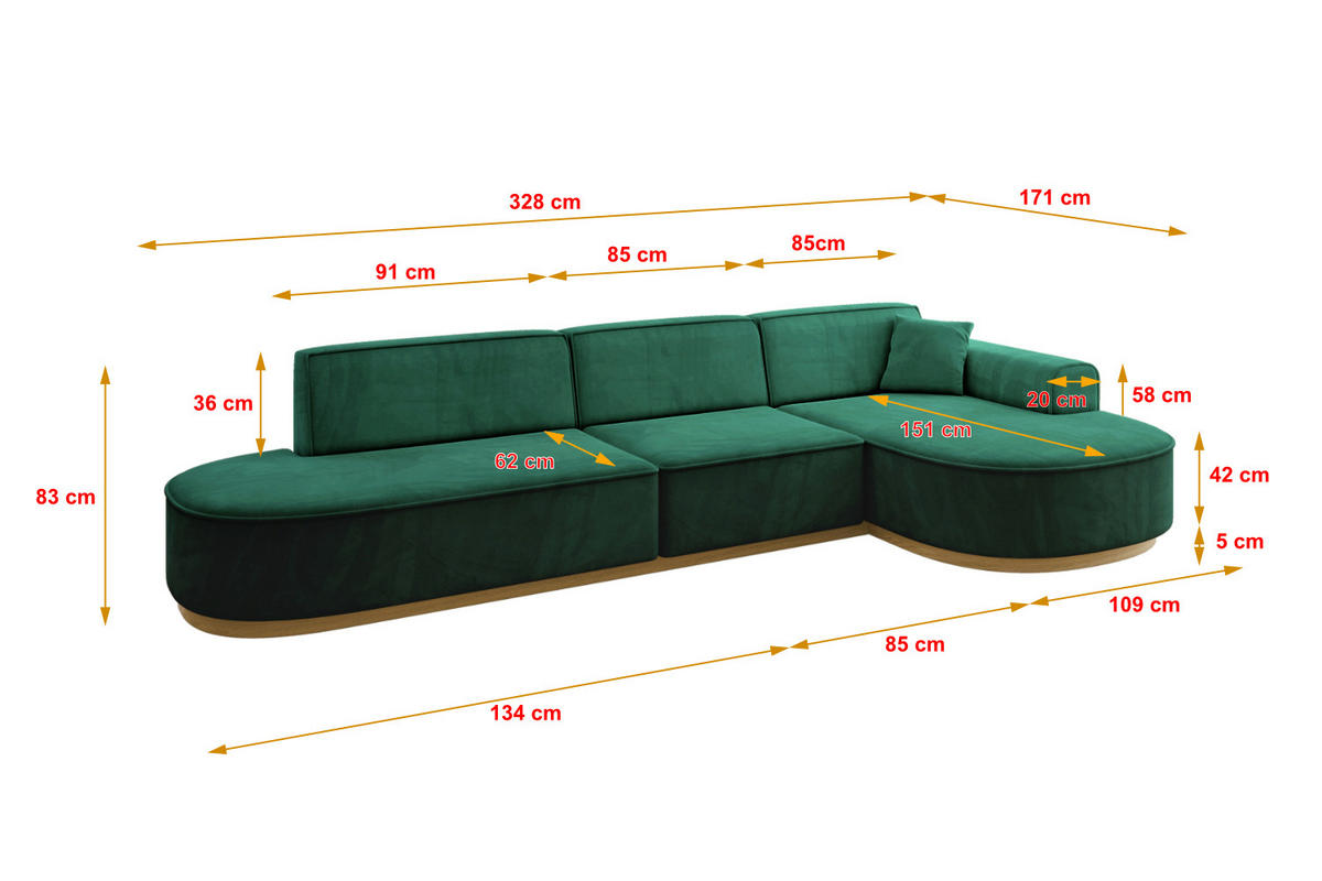 ECKSOFA Ottomane Rechts MARI-L2-v2 - 328x171x83 cm Grün Velours - Grün, Holzwerkstoff/Textil (171/328cm) - ALTDECOR