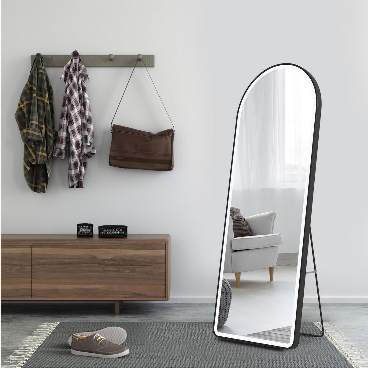 STANDSPIEGEL mit Beleuchtung und Rahmen Schwarz 160/60 cm - Schwarz, Glas/Metall (60/160/160cm) - EMKE