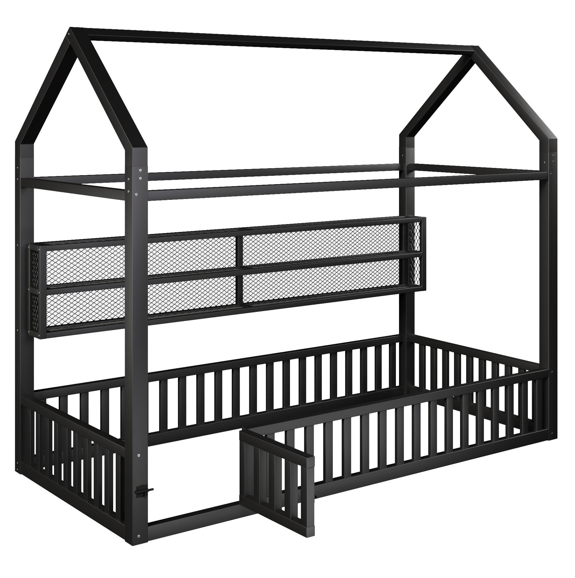 HAUSBETT 90/200 cm schwarz aus Metall mit Sicherheitszaun und LED - Schwarz, Metall (90/200cm) - OKWISH