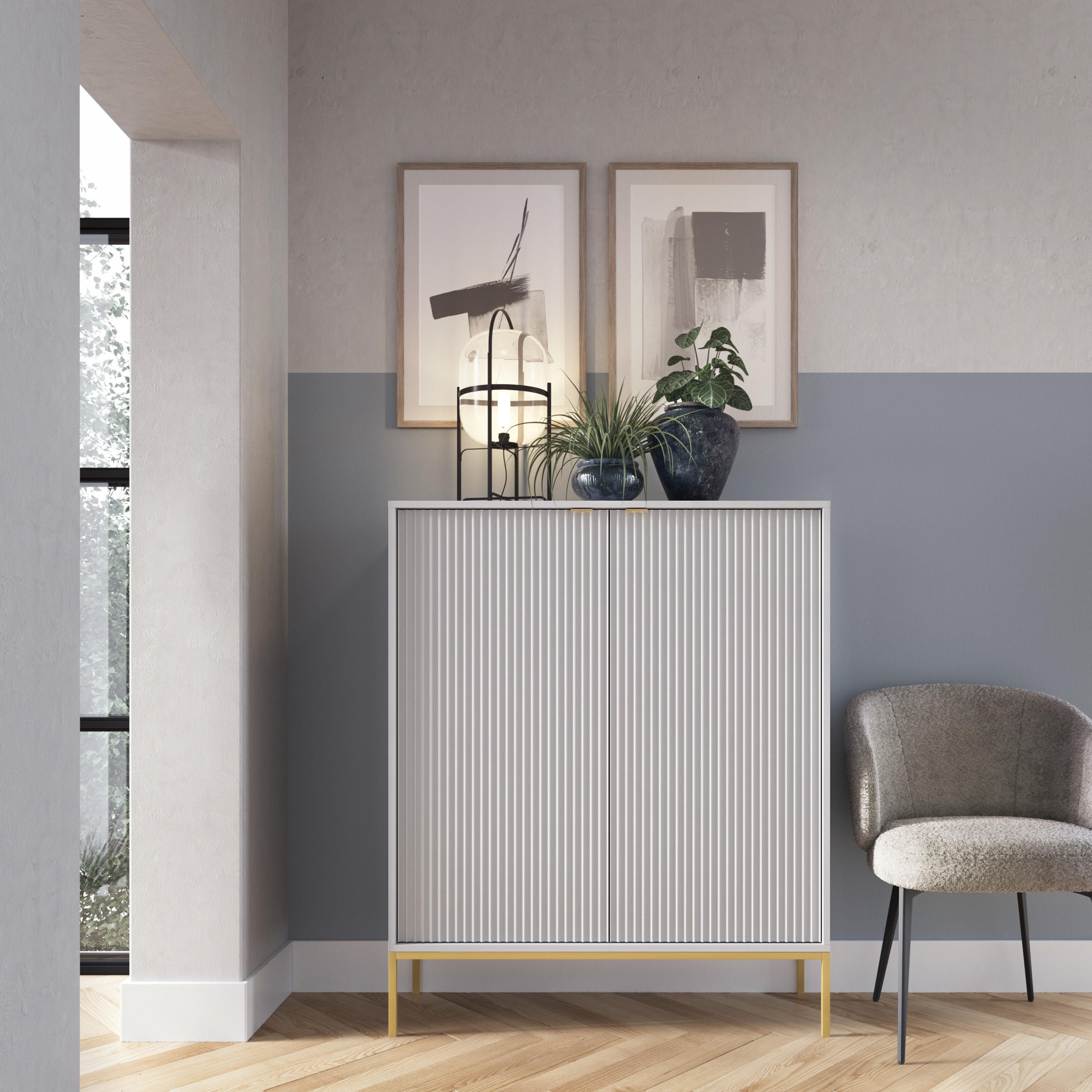 HIGHBOARD STELLARE 104/125/39 cm mit 2 Türen Grau - Goldfarben/Grau, Holzwerkstoff (104/125/39cm) - MASSENO