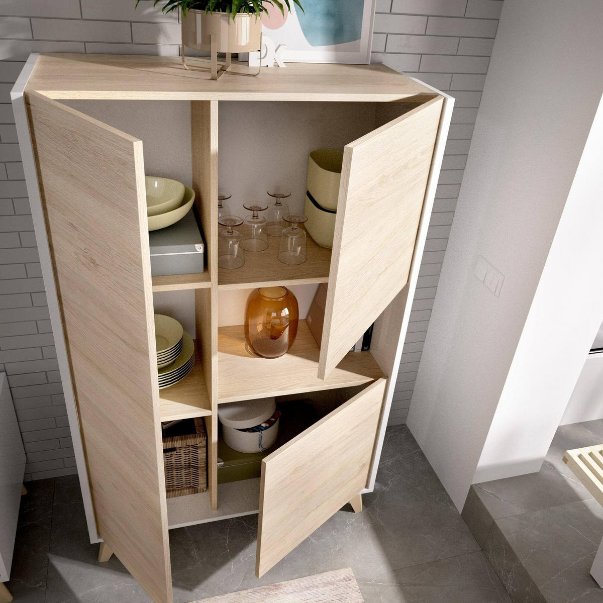 HIGHBOARD Holz-Effekt Eiche, Weiß 43x81h135 - Honigeiche/Weiß, Holzwerkstoff (81/135/43cm) - DMORA