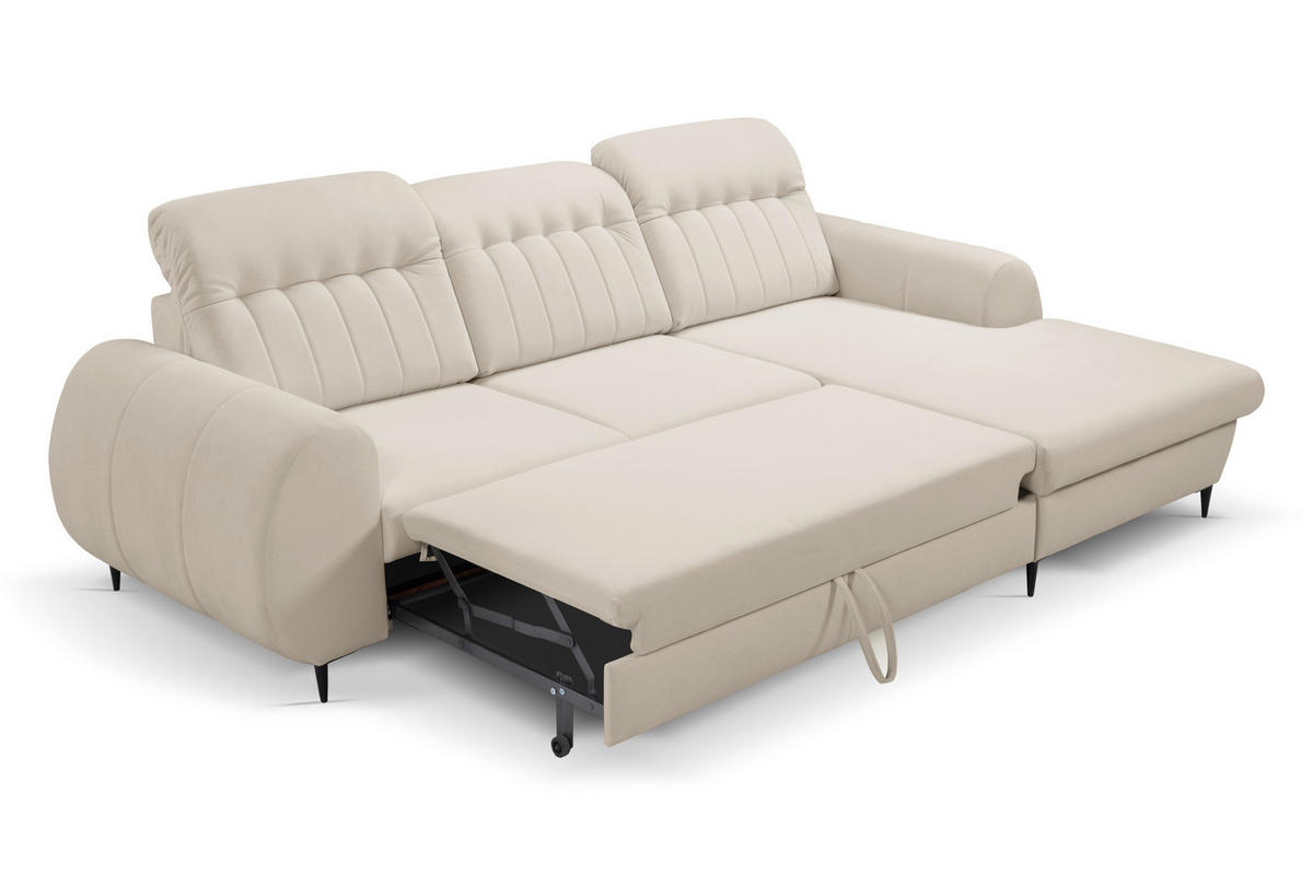ECKSOFA PURO R-S Beige Plüsch-Stoff mit Schlaffunktion - Beige, Holz (275/166cm) - MASSENO
