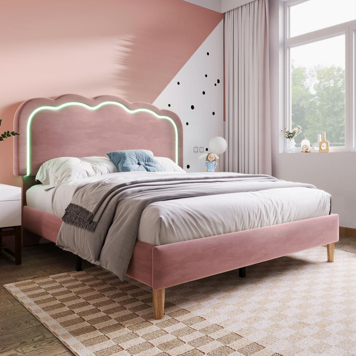 POLSTERBETT mit LED-Kopfteil 140x200 cm Samt Pink - Pink, Metall (140/200cm) - Meubliv