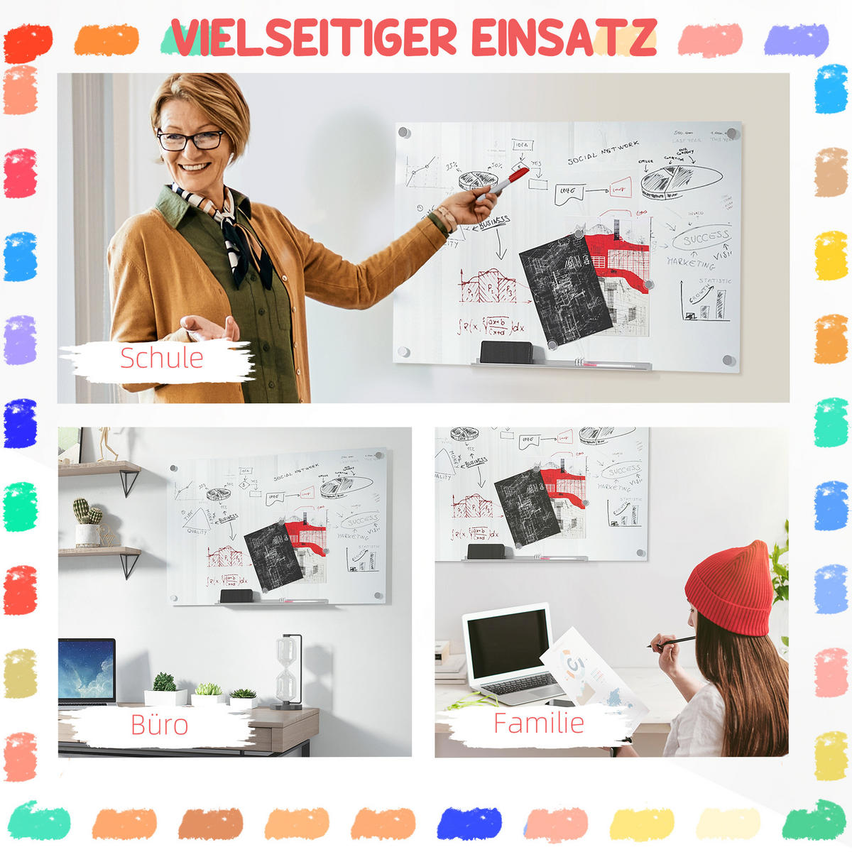 MAGNETTAFEL mit 4 Stifte, 6 Magnete, 1 Schwamm,1 Ablage, abwischbar, 90 x 60 cm - Weiß, Kunststoff (60/2.8/90cm) - Vinsetto
