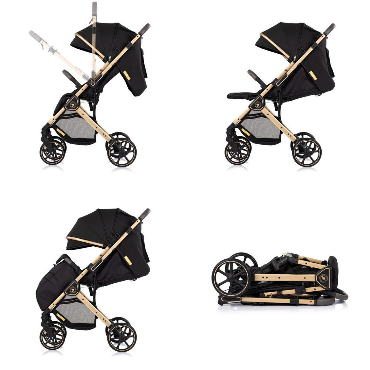 KINDERWAGEN Omnia PU-Räder schwarz klappbar, Stoßdämpfer, Sonnendach, Fußsack - Schwarz, Metall (69/63/102cm) - Chipolino