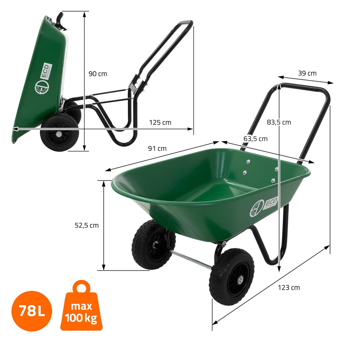 KOLÍSKOVÝ VOZÍK 78 L s funkcí sklápění, ocelový rám, 2x PU kola a PP vana - zelená barva, kov (63.5/83.5/123cm) - ECD-Germany