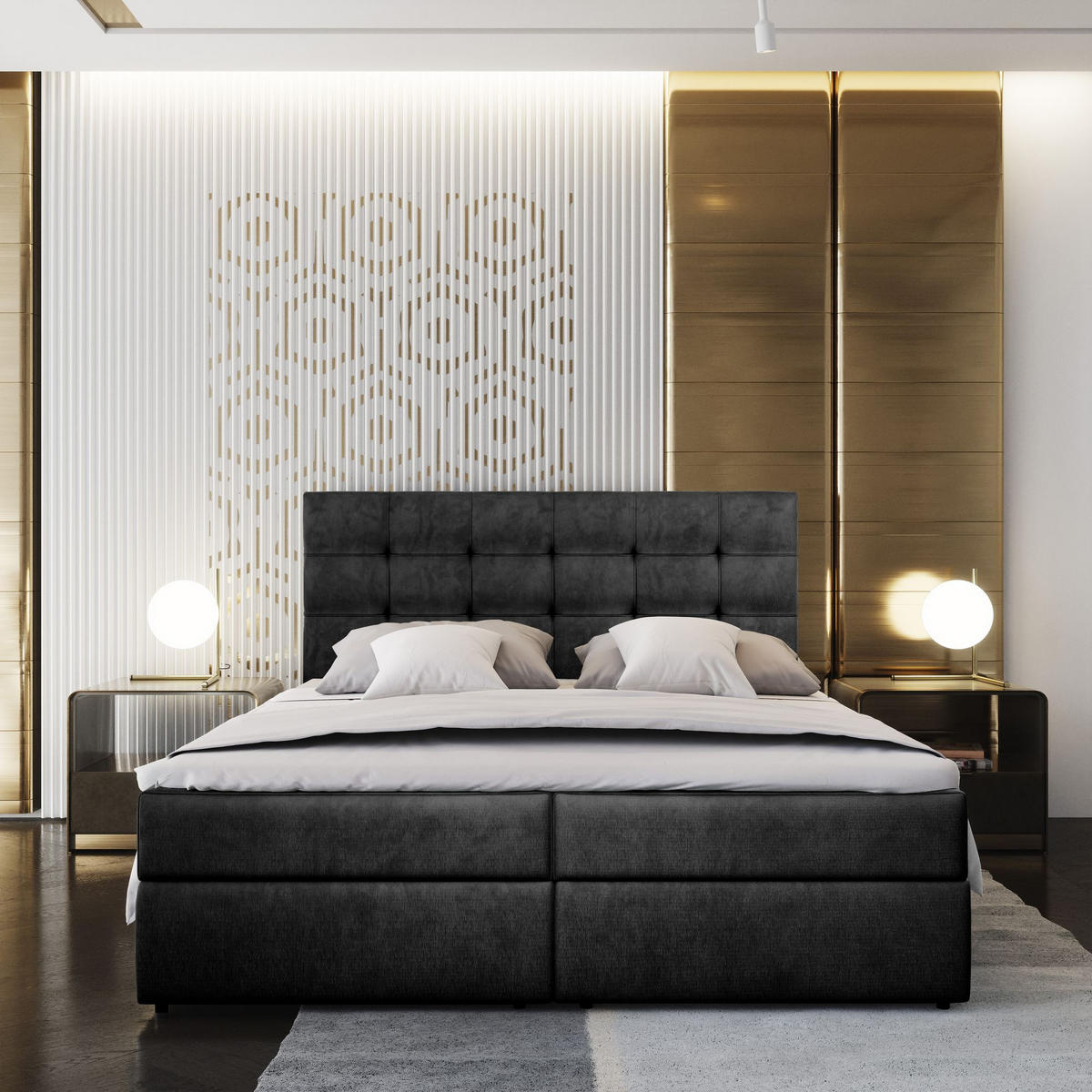 BOXBETT GLOS M 160x200 cm mit Matratze und Topper - Schwarz - Schwarz, Holz (160/200cm) - MASSENO