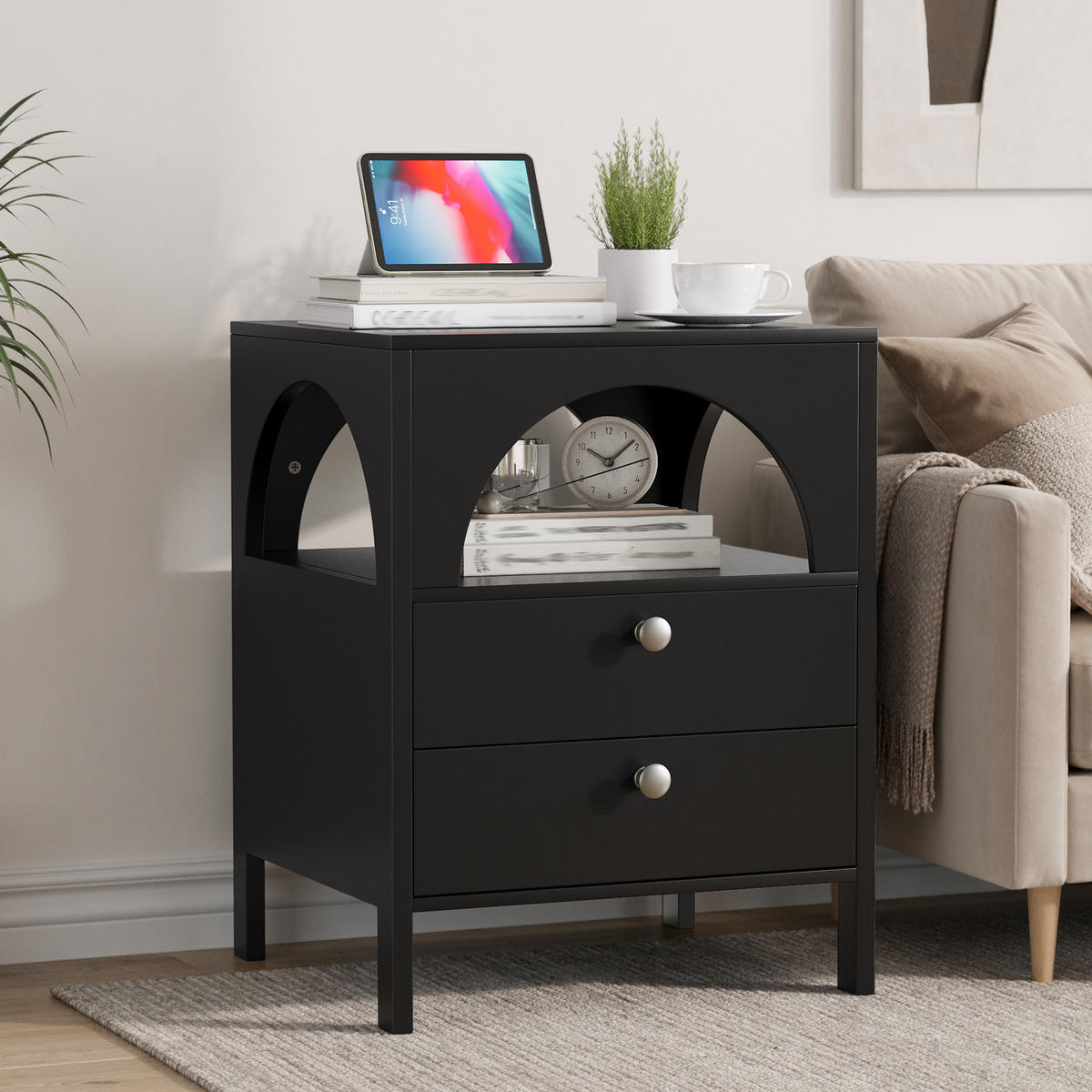 NACHTTISCH 45/40/58 cm schwarz aus MDF mit 2 Schubladen - Schwarz, Holzwerkstoff (40/58/45cm) - OKWISH