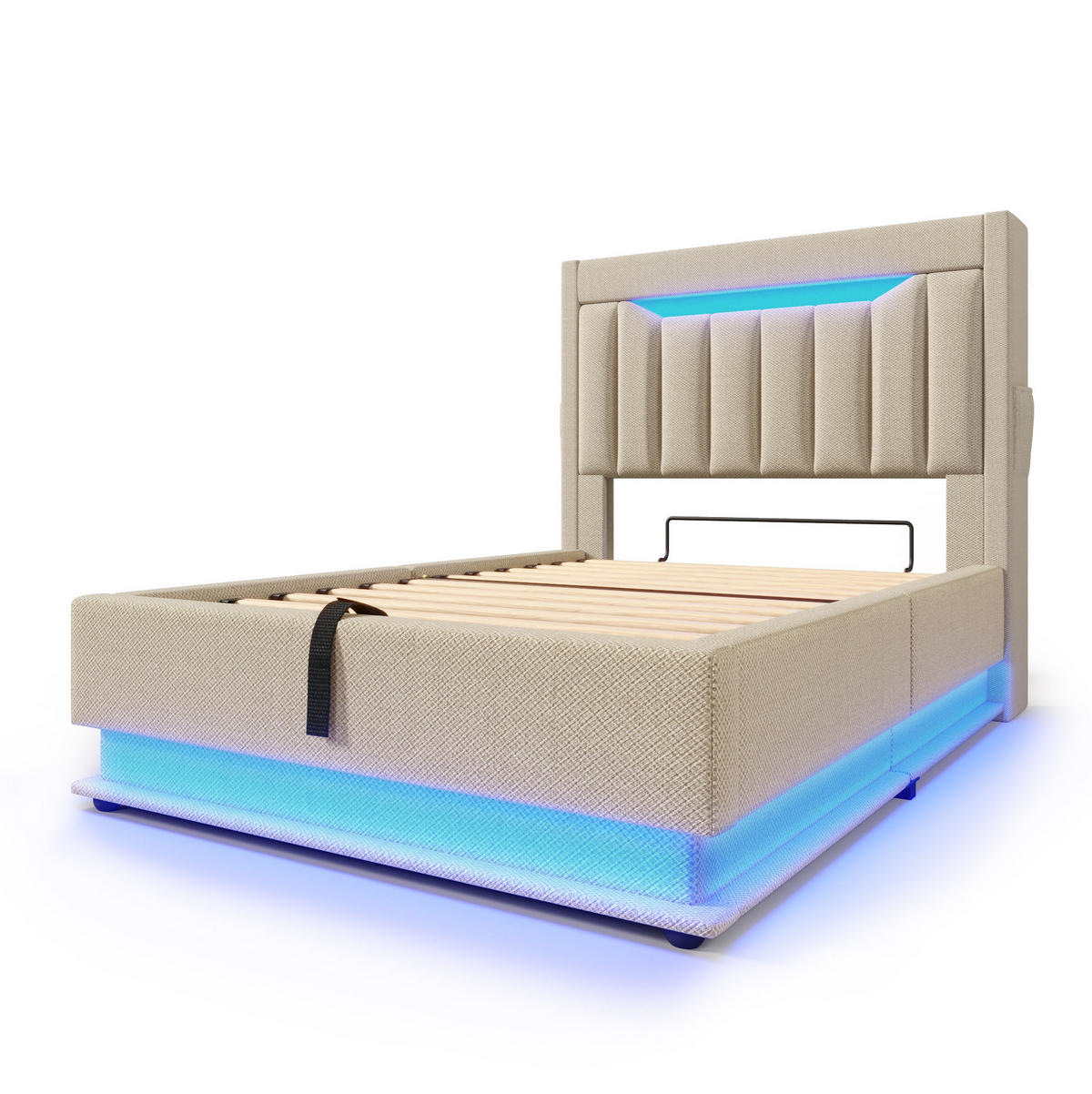 POLSTERBETT 90/200 cm Beige aus Leinen mit Matratze und LED-Beleuchtung - Beige, Textil (90/200cm) - OKMYHOME