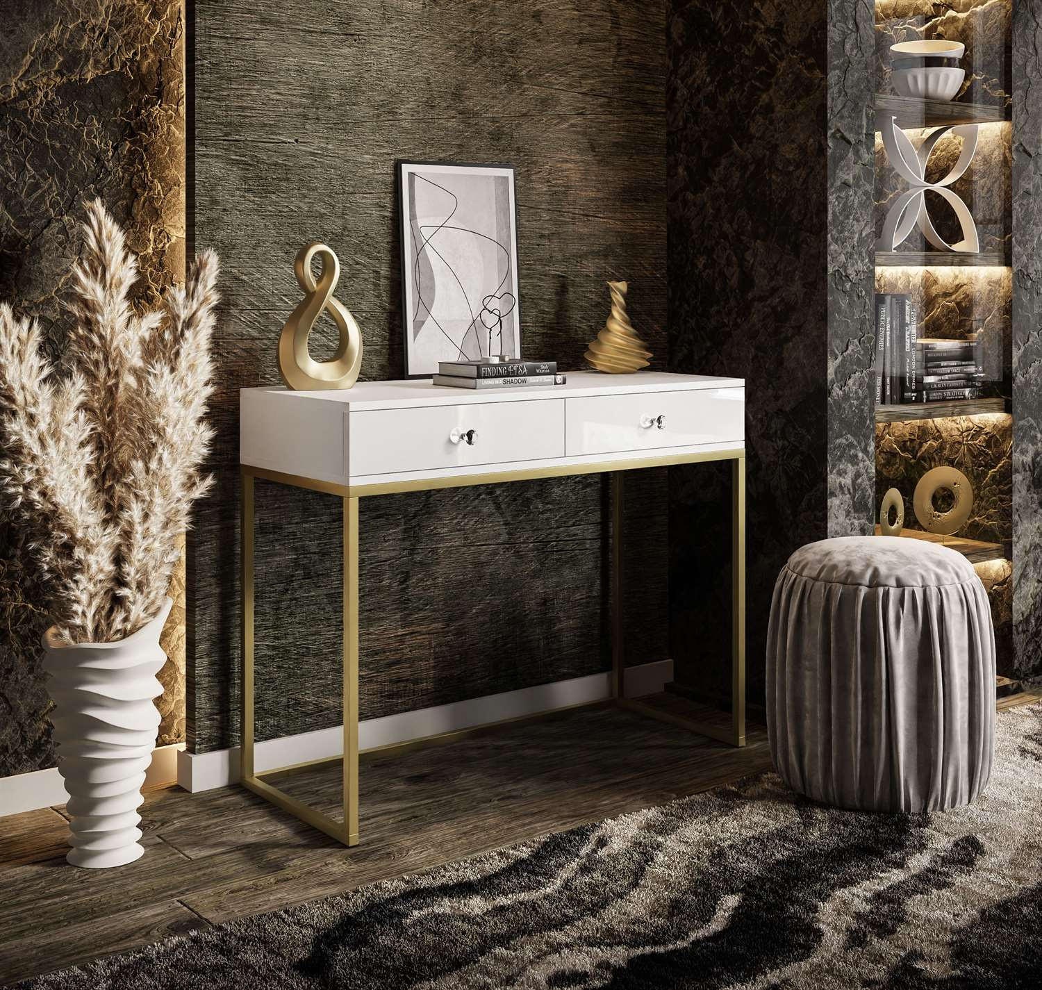 KONSOLE BLANCO GOLD auf goldenem Gestell - Weiß Hochglanz/Goldfarben, Holzwerkstoff (42/100/81cm) - Lookway