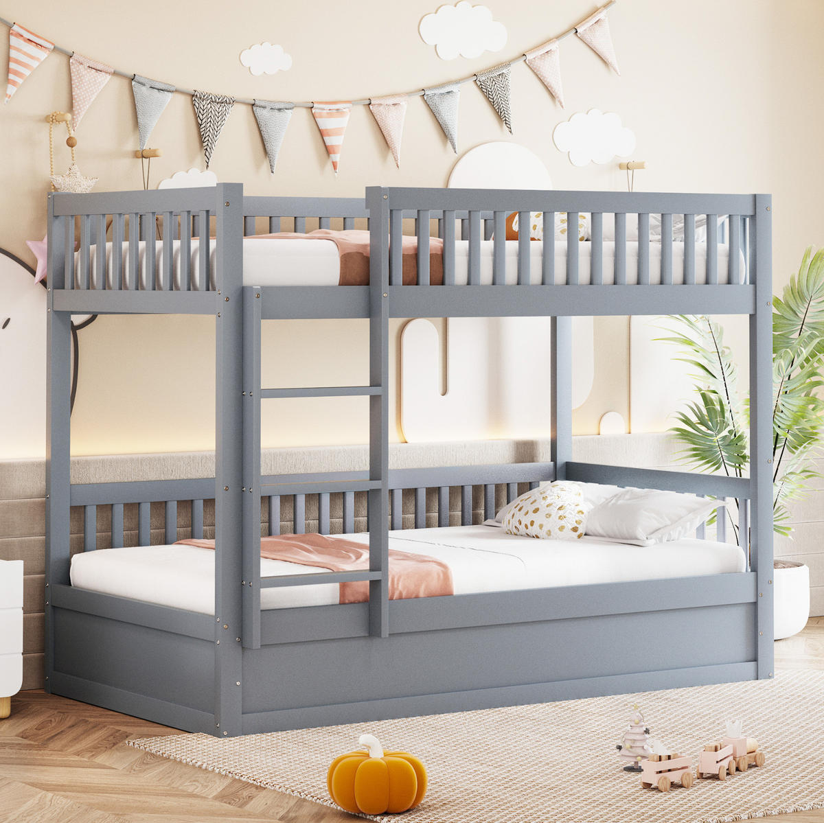 ETAGENBETT aus 90x200 cm Grau mit hydraulischem Stauraum, Sicherheitsleiter und Lattenrost - Grau, Holzwerkstoff (90/200cm) - Modfu