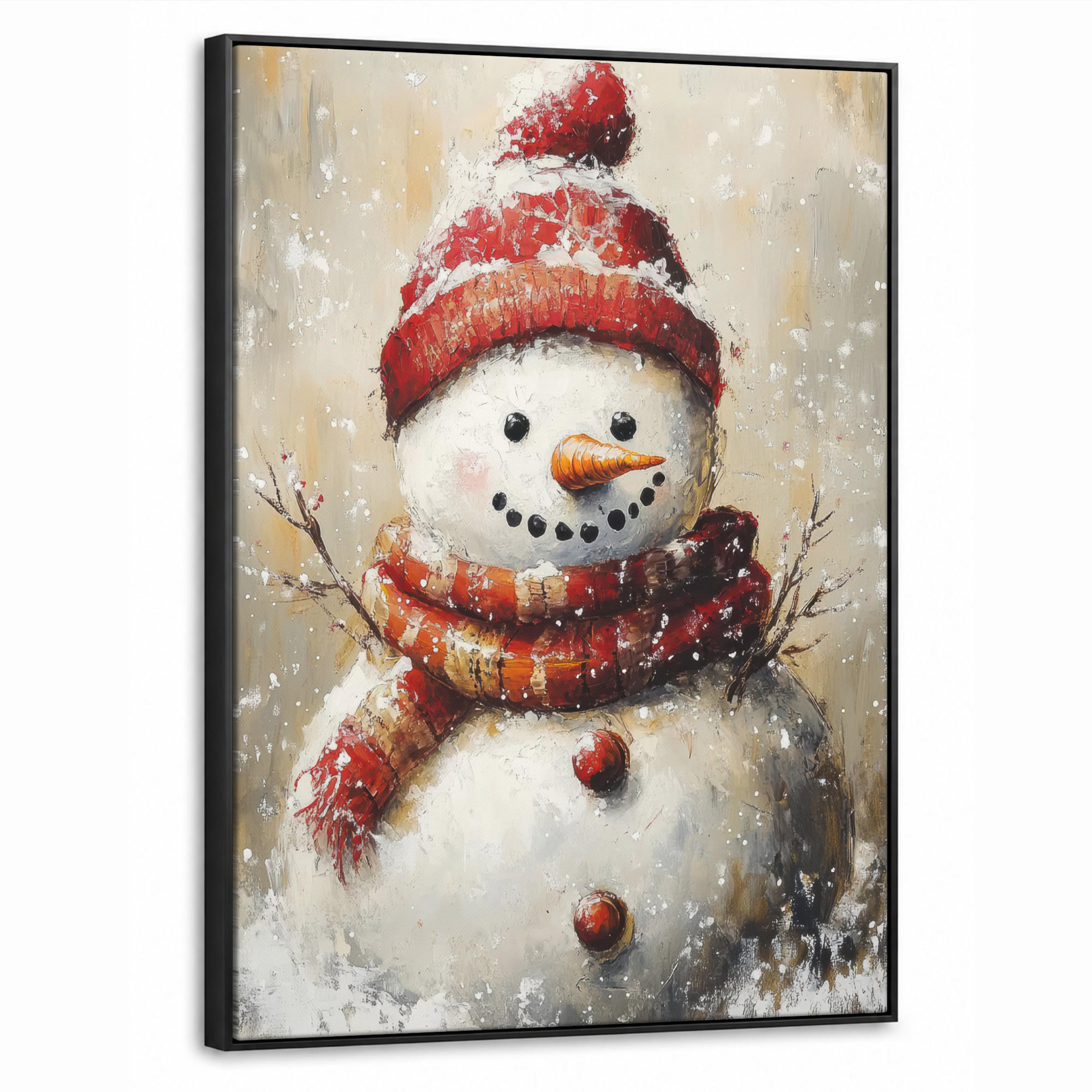 LEINWAND Bilder mit Rahmen - Schneemann - Winter - Schnee - Beige - 60x80 - Weiß, Textil (60/80cm) - MuchoWow