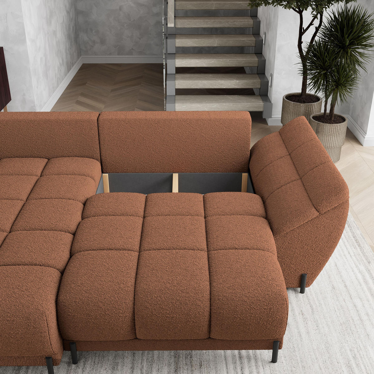 ECKSOFA VESTANO L-S Kupferfarben Boucle-Stoff mit Schlaffunktion - Kupferfarben, Holz (287/182cm) - MASSENO