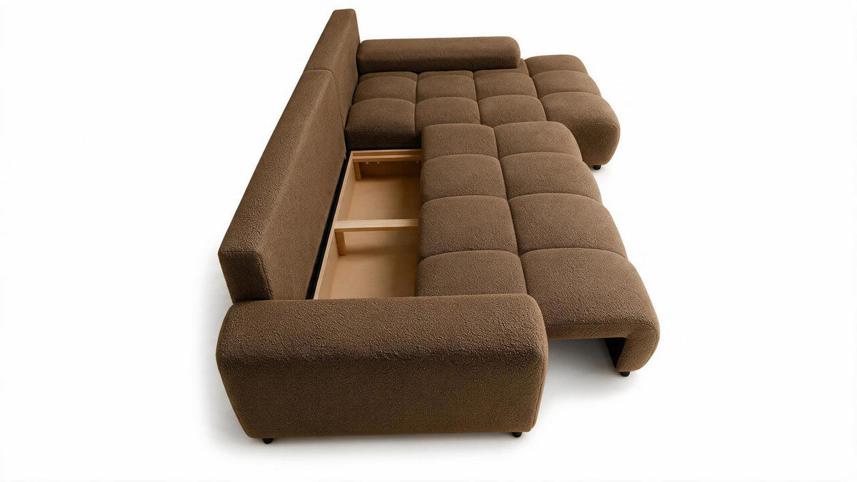 ECKSOFA Ovia mit Bettkasten und Schlaffunktion, Bouclé-Stoff in L-Form - Braun, Textil (270/185cm)