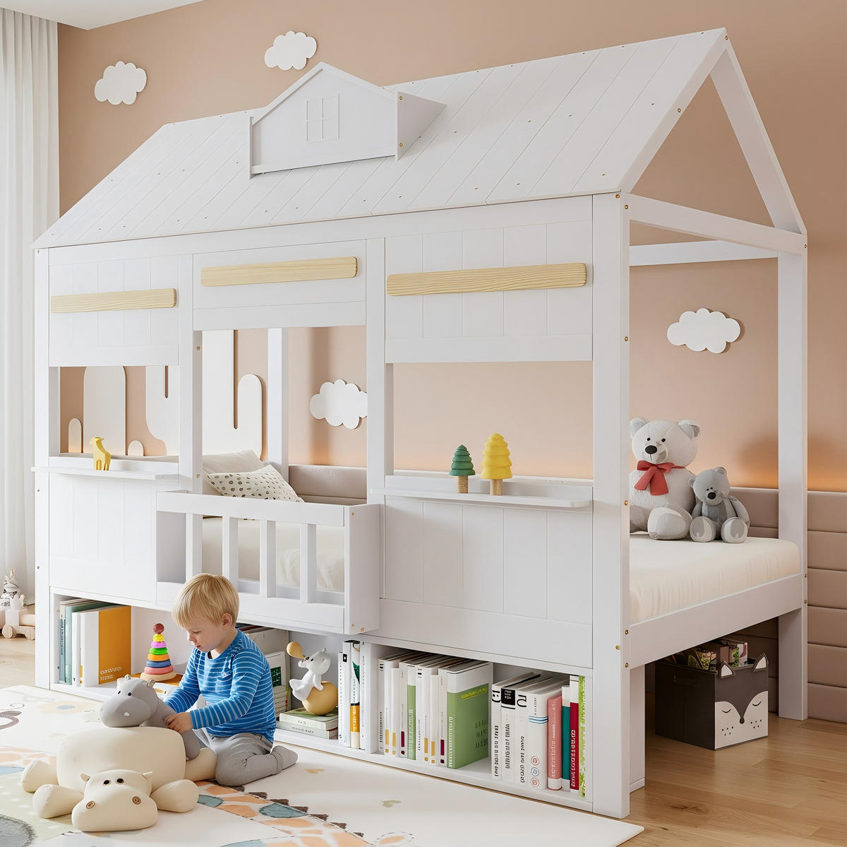 HAUSBETT 90/200 cm Weiß aus Kiefer und MDF mit Bücherregal - Weiß, Holz (90/200cm) - OKMYHOME