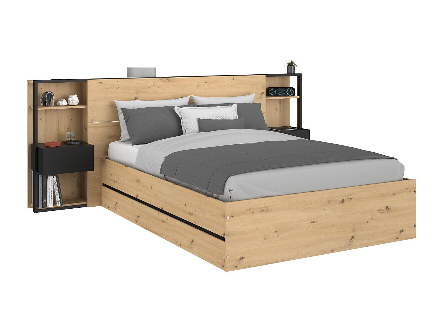 BETT mit Bettkasten - 2 Personen - Holz, Platte - Schwarz, Naturfarben Hell - Schwarz/Naturfarben, Holz (160/200cm) - Vente-Unique