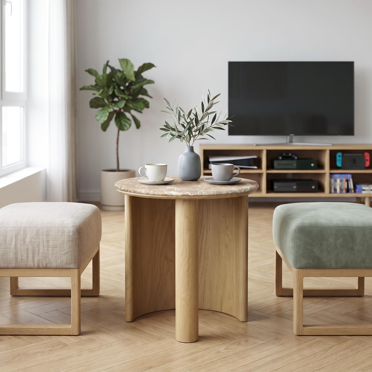 COUCHTISCH Rund Marmor-Optik, Eichenoptik, Ø50 × 51 cm - Braun, Holzwerkstoff (50/50/51cm) - Hometopia