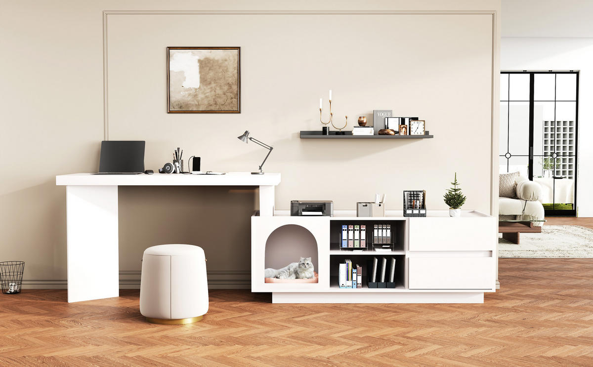 BÜROTISCH mit Stauraum und integriertem Haustierbereich – Weiß - Weiß, Holzwerkstoff/Metall (120/120/75cm) - Urban Meuble
