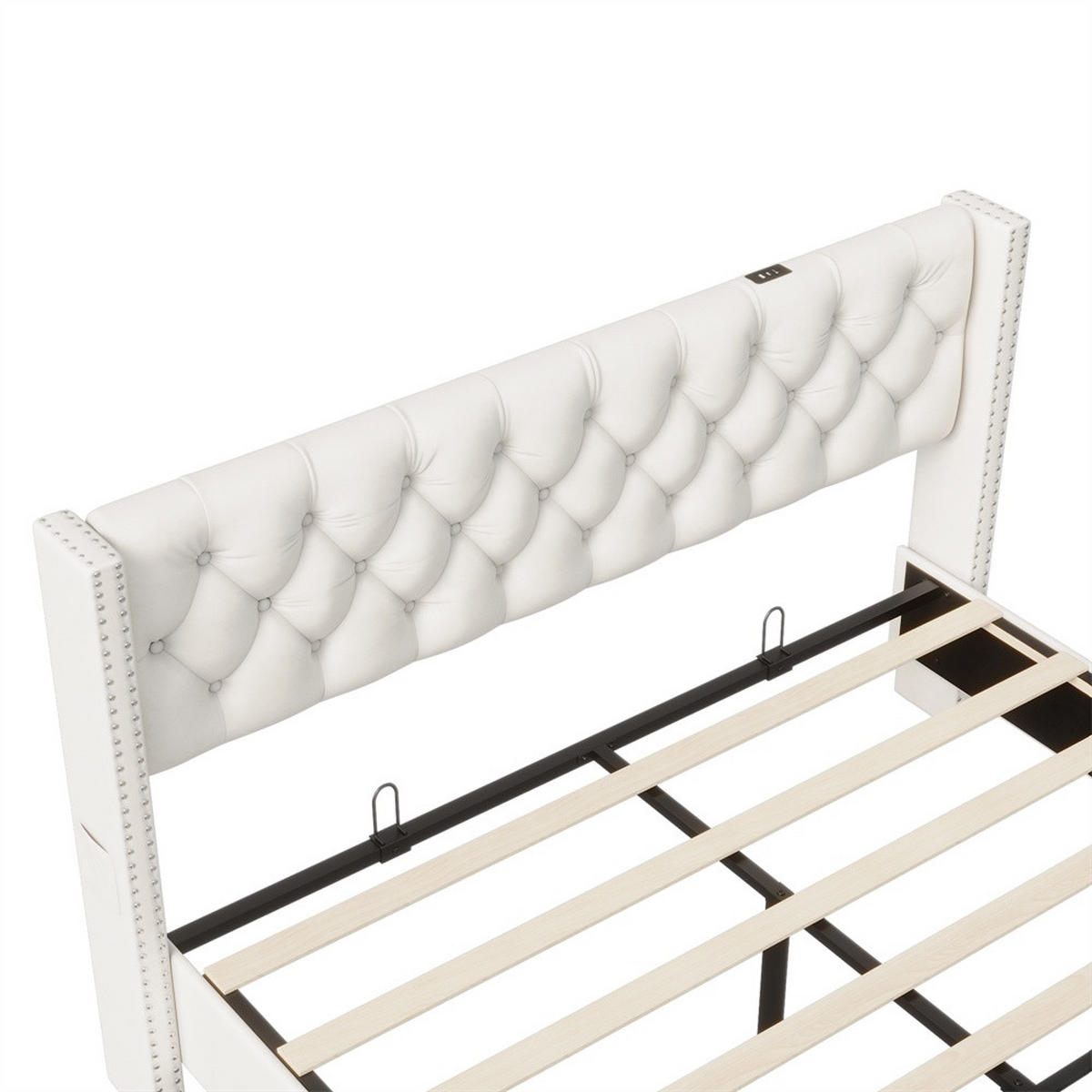 POLSTERBETT 160x200 cm mit LED-Beleuchtung - mit USB-Ports, Seitentaschen und 2 Schubladen - Kopfteil im Nieten-Design - Beige, Textil (160/200cm) - DELFA
