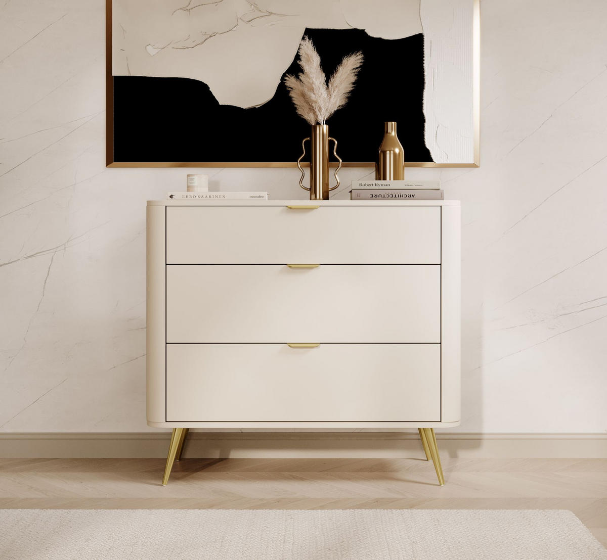 KOMMODE Oval Beige 92 cm - Beige/Goldfarben, Holzwerkstoff/Metall (92.4/83.6/38cm) - Selsey