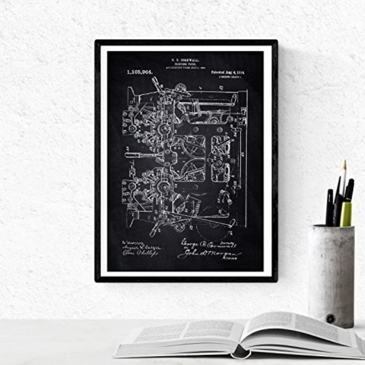 POSTER Set mit 4 Schwarz Druckerei Patent A4 Schwarzer Rahmen - Schwarz, Papier (29.7/3cm) - Nacnic