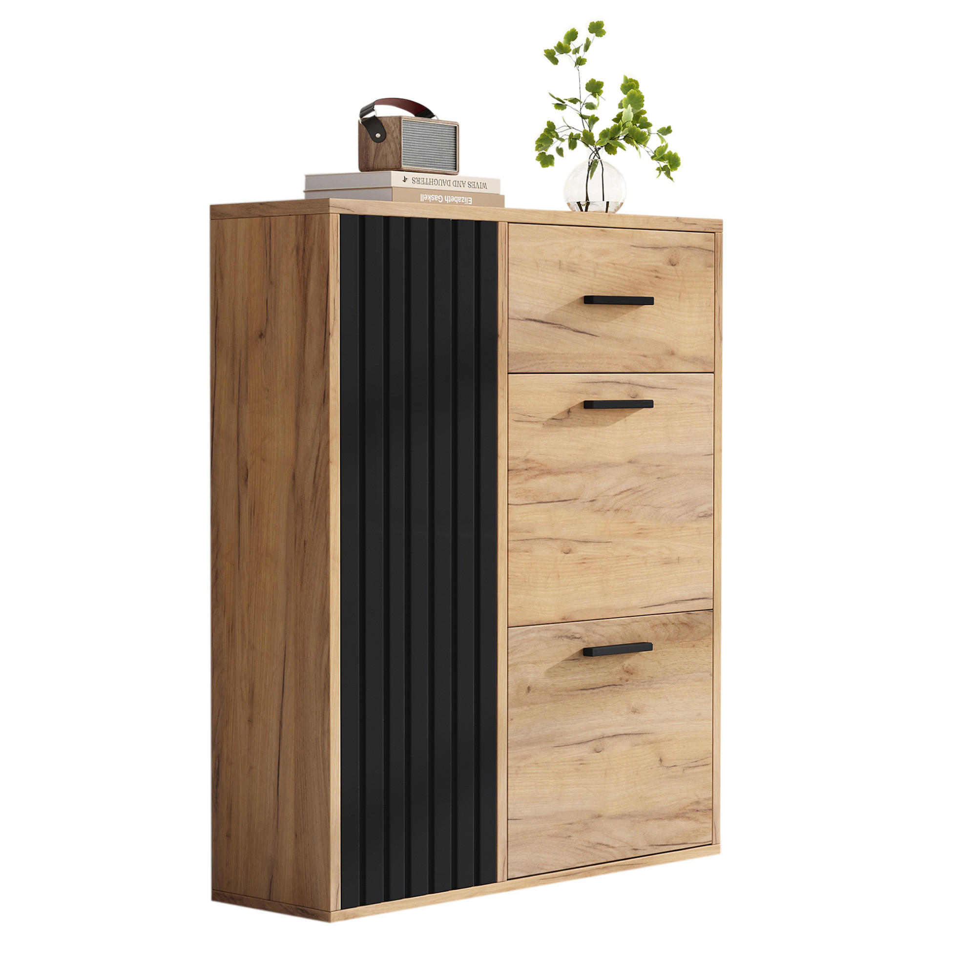 Modfu BOTNÍK z dřevotřísky 80x24x95,5 cm černý a v dekoru dřeva se zásuvkou, výklopnými přihrádkami a nastavitelnými policemi