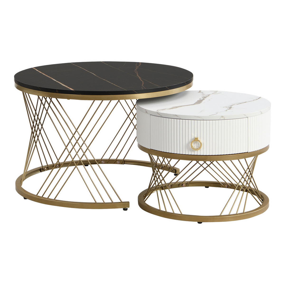 COUCHTISCH SET 2-TEILIG Marmoroptik Golddekor mit Schubladen - Schwarz, Holz (78/76.5/28cm) - FLIEKS