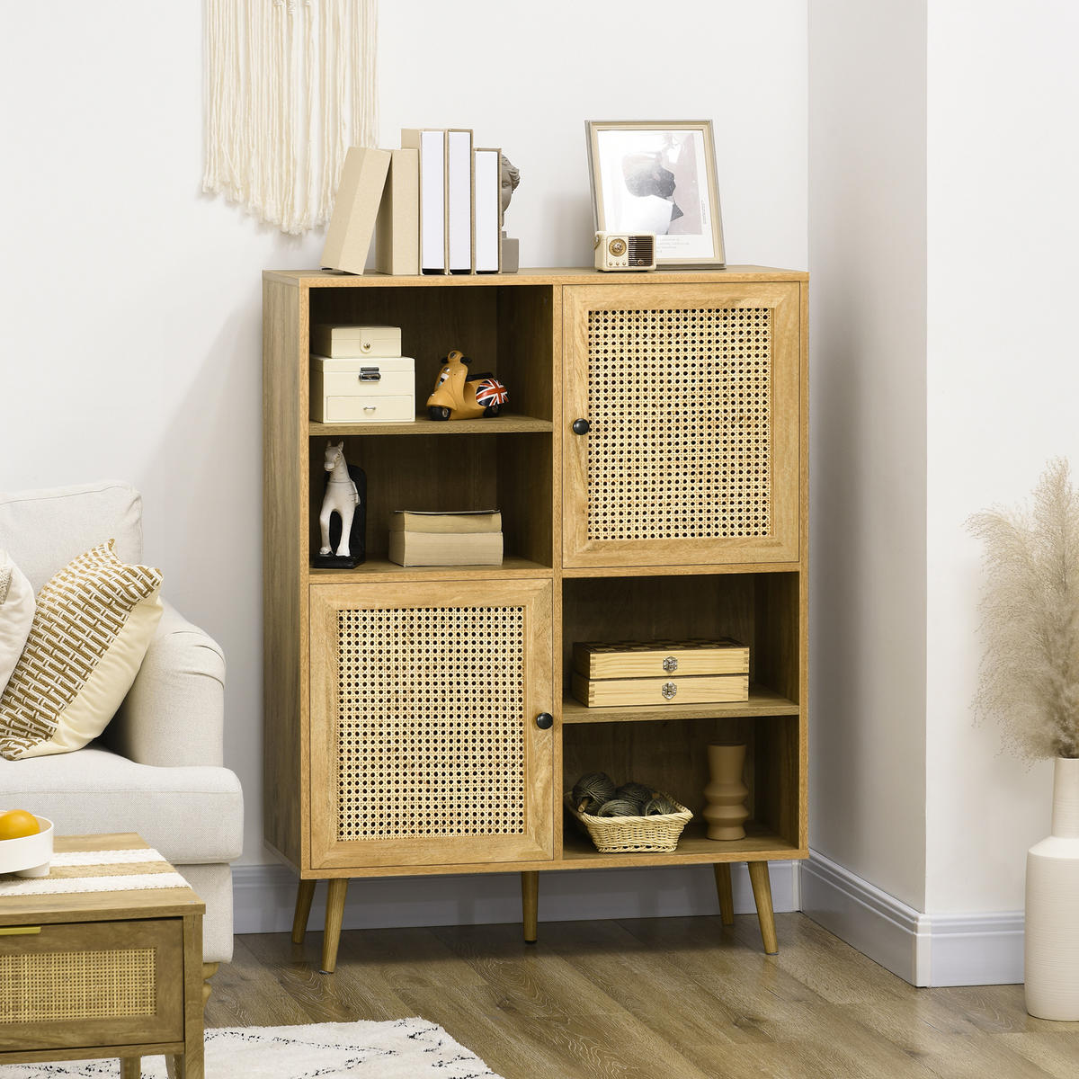 SIDEBOARD DE-11038 2 Türen mit Korbgeflecht & offene Fächer Natur - Eichefarben, Holzwerkstoff (90/120/32.5cm) - ComfortXL
