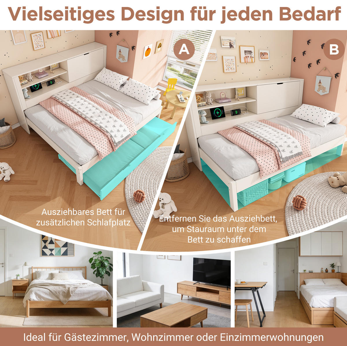 POLSTERBETT 140/190 cm Weiß mit Stauraum und USB- und Type-C-Anschlüssen - Weiß, Textil (140/190cm) - Flora Grace